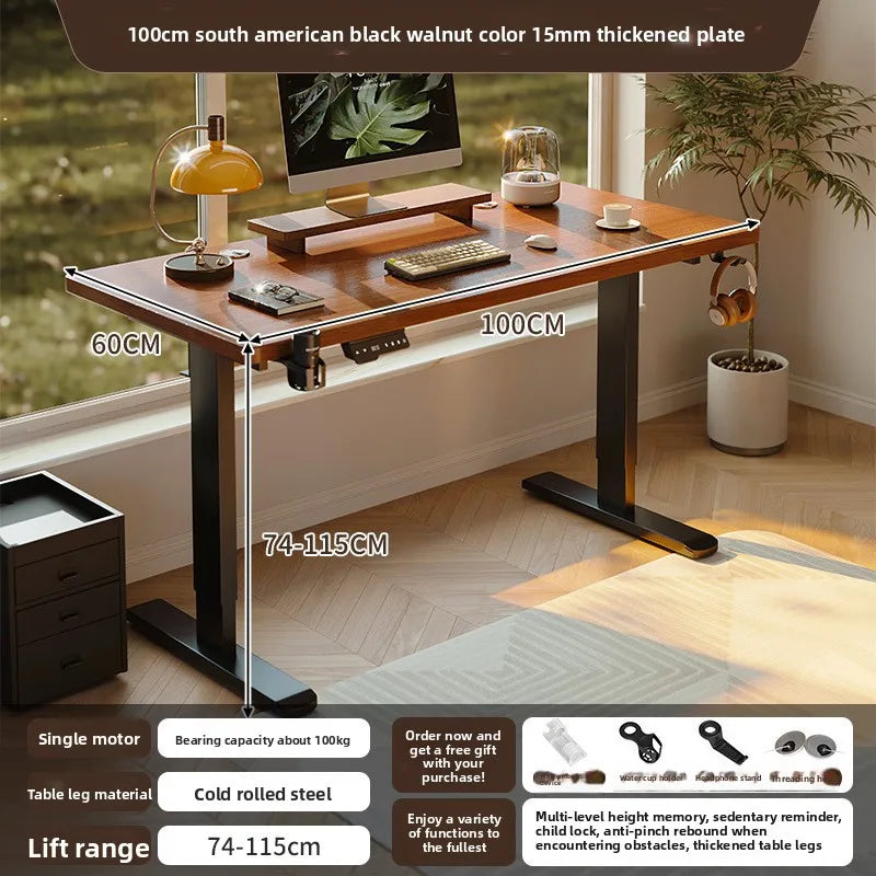 An adjustable standing desk with dimensions 100cm by 60cm and height range 74-115cm.