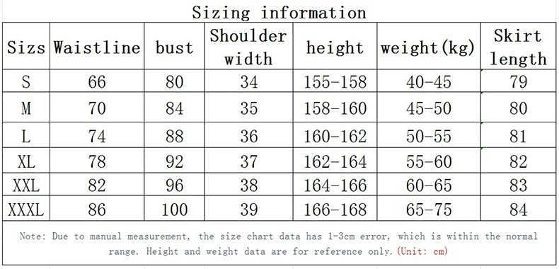 Size chart for clothing, listing measurements for waist, bust, shoulder, height, weight, and skirt length in cm.