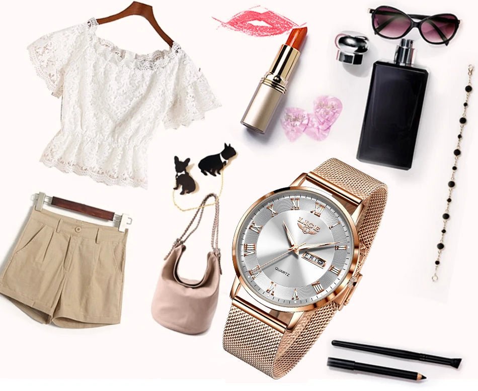 Elegant rose gold women's watch with a mesh bracelet strap, white dial, and classic Roman numeral hour markers.