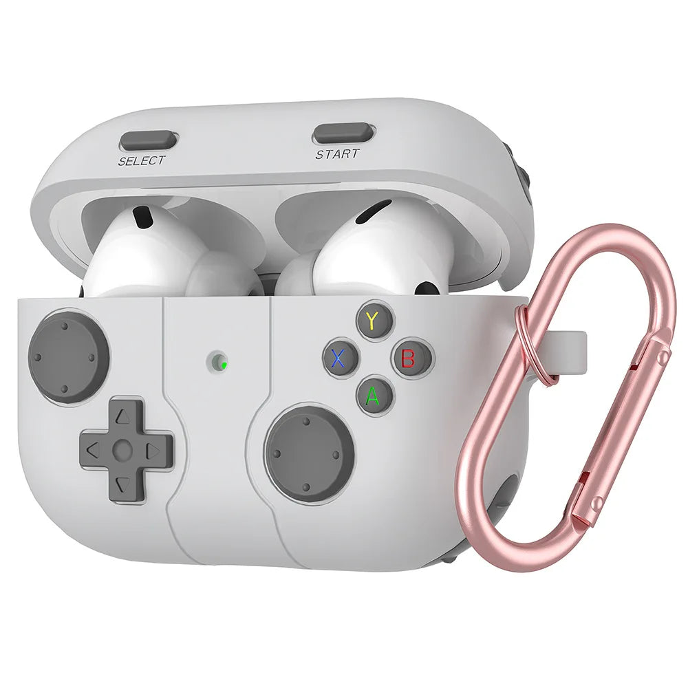 White silicone AirPods Pro case with retro game controller design and a rose gold carabiner.