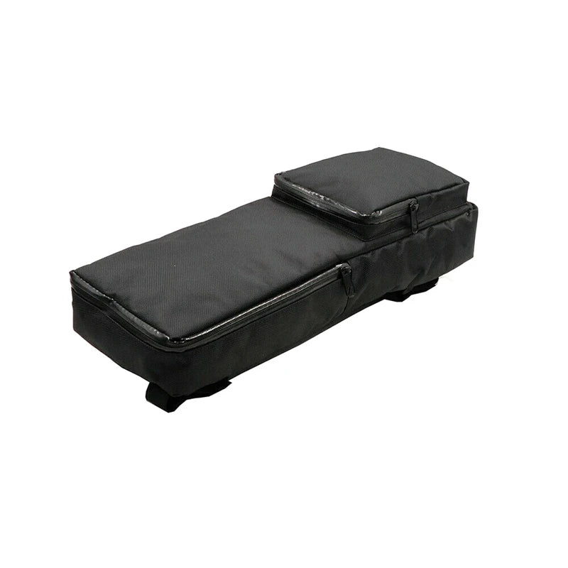 Black waterproof electric bike battery storage bag with elongated rectangular shape and zippered main and front compartments.