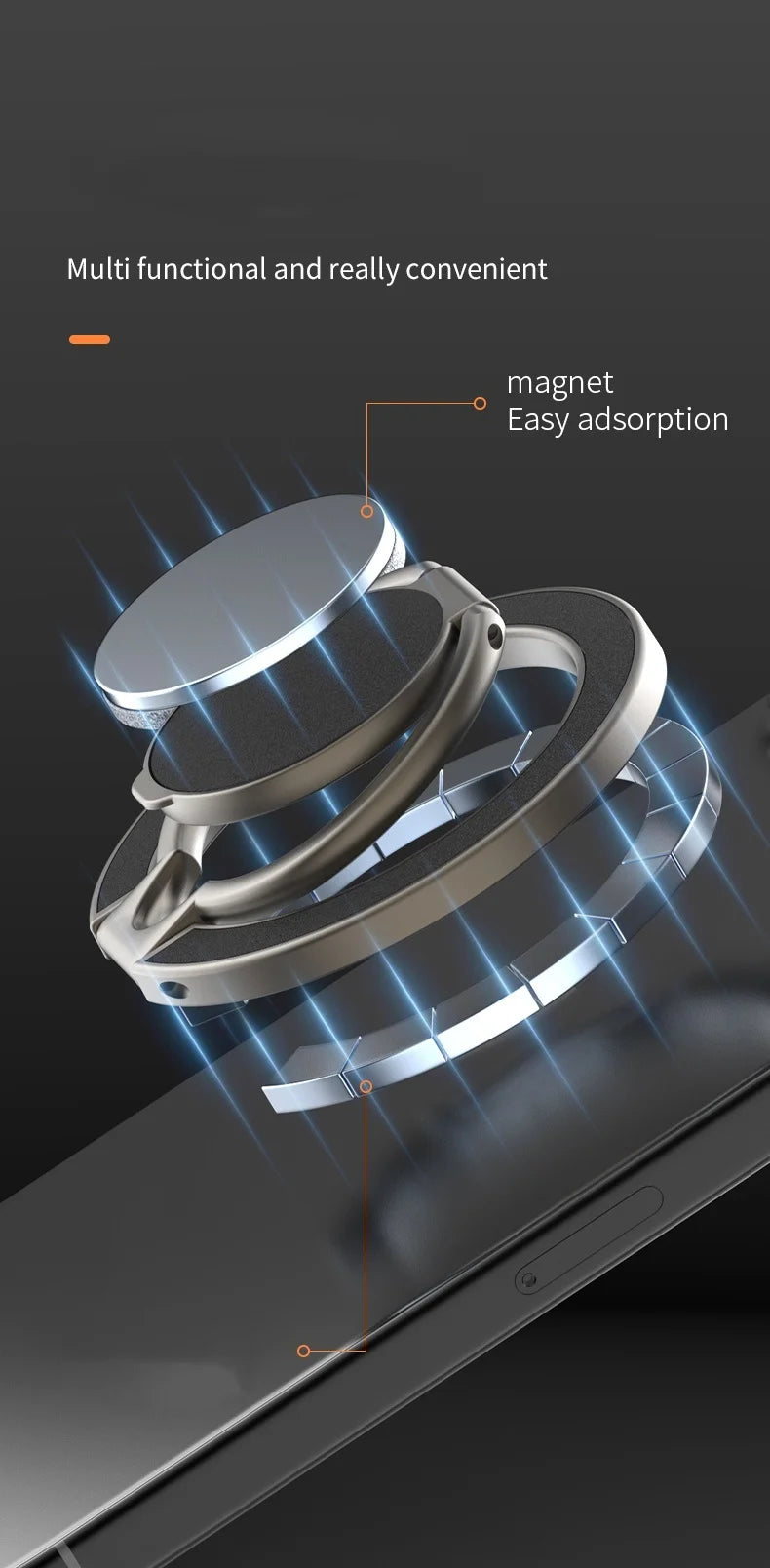 Silver magnetic phone ring holder with a sleek, metallic design, shown floating above a smartphone.