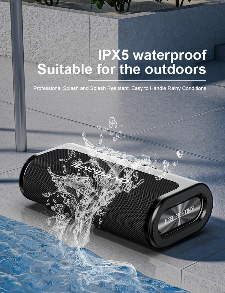 Black, portable 80W wireless speaker with a durable, splash-proof IPX5 design, shown next to splashing water.