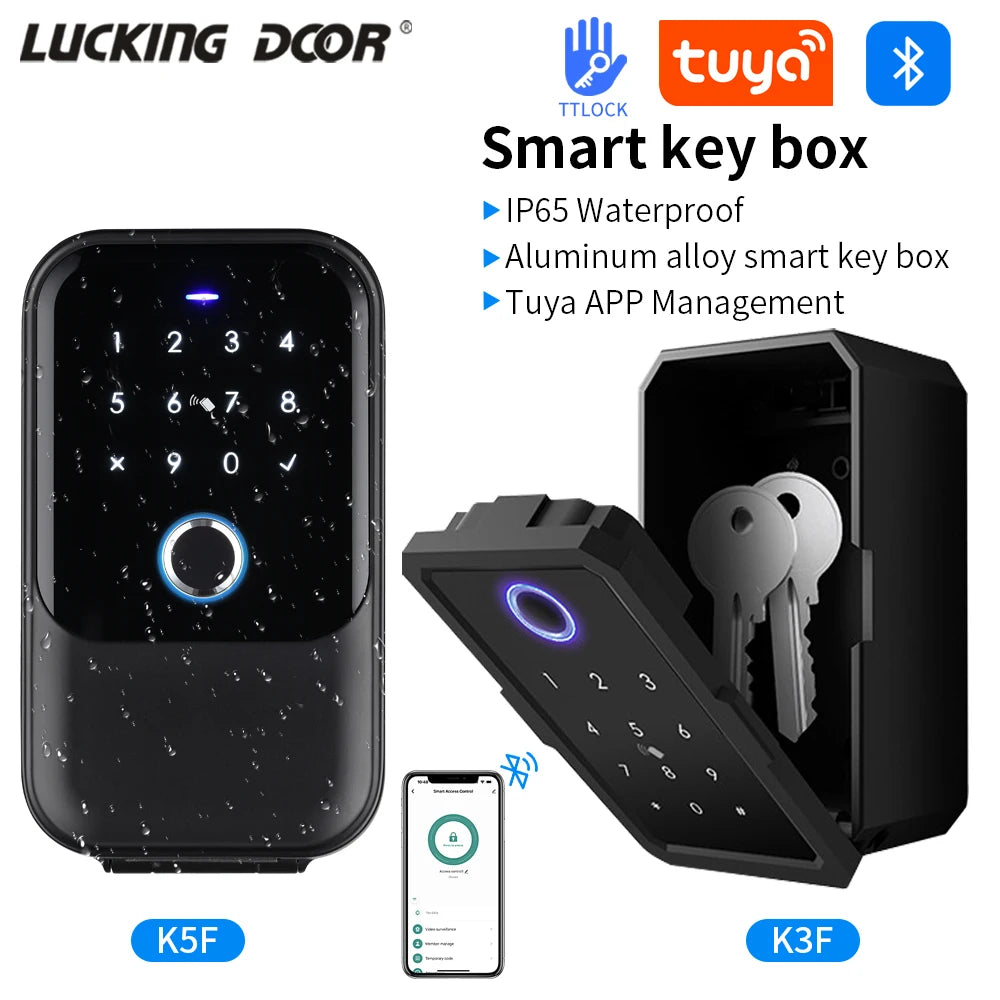 Black aluminum alloy smart key box with numeric keypad, Bluetooth app control, and waterproof design.