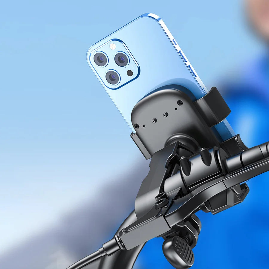 Black universal bicycle phone mount securely holding a light blue smartphone on handlebars.