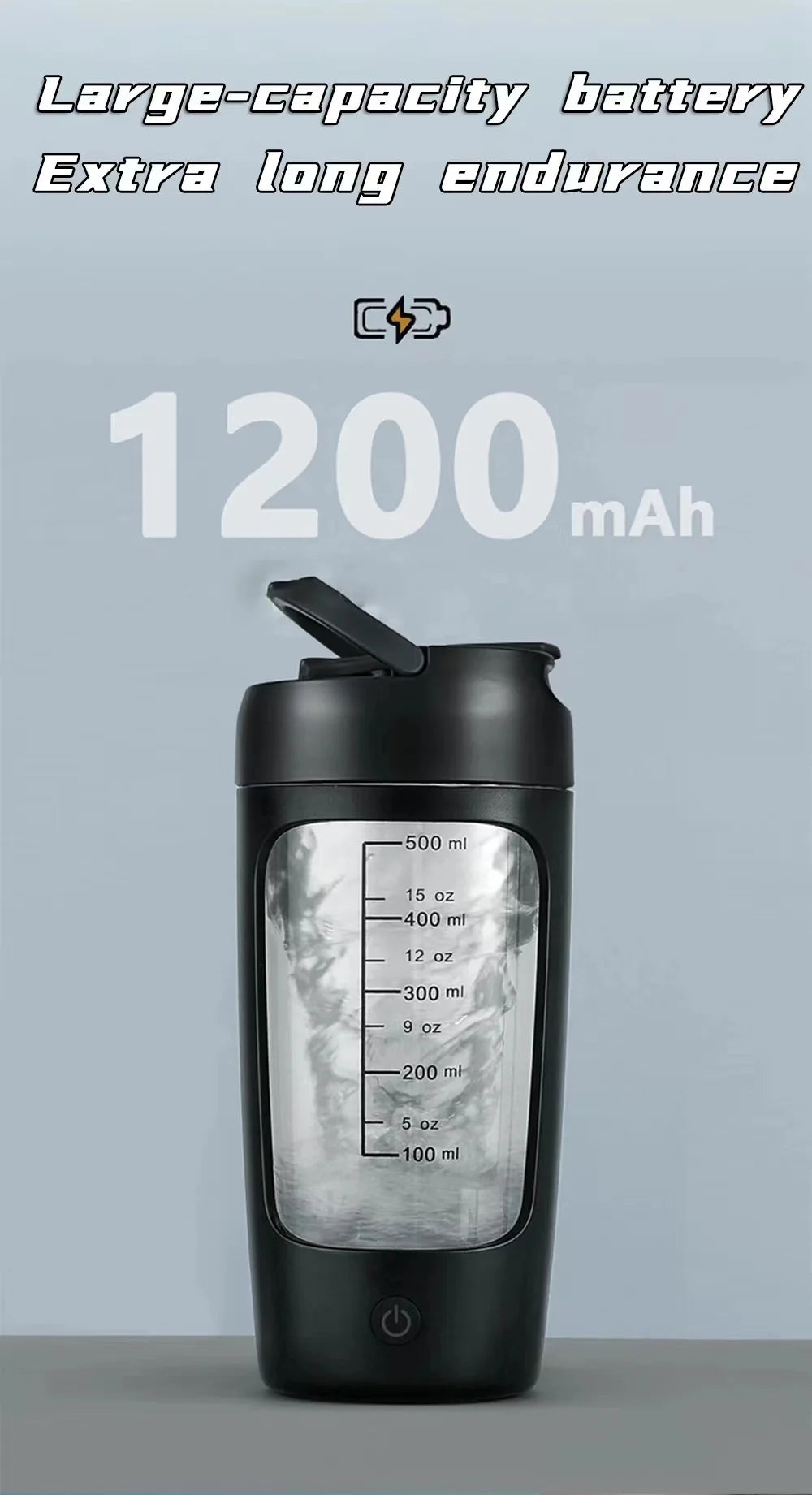 Black electric portable blender with a 1200mAh battery, clear measurement markings, and a push-button power switch.