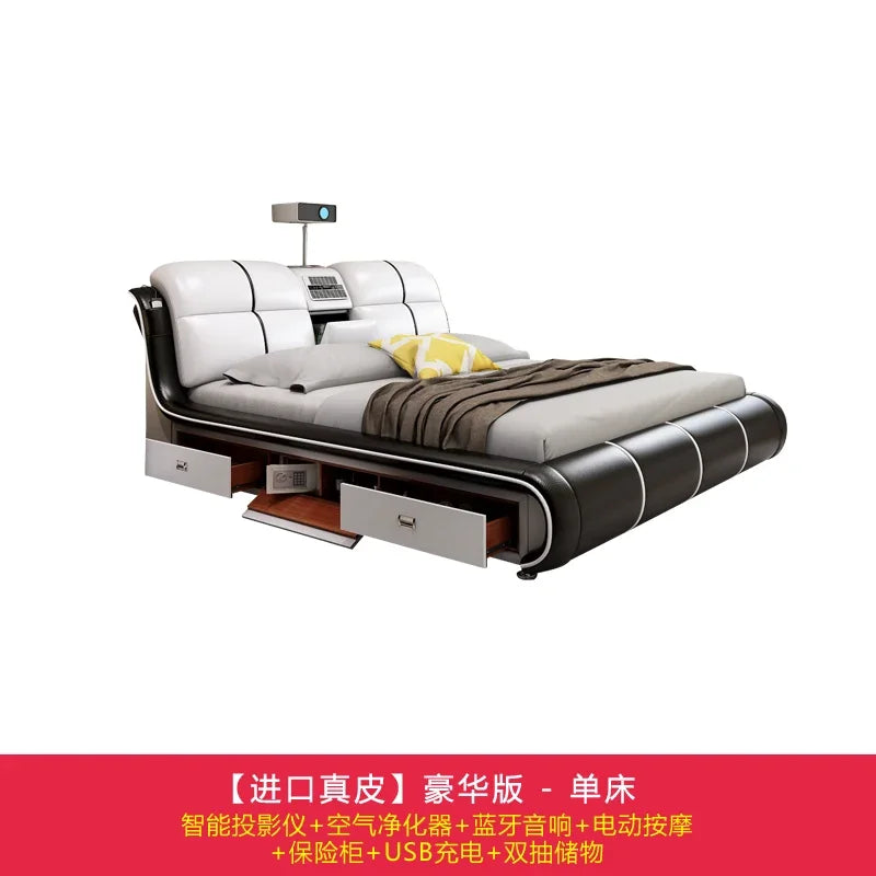 Modern black and cream leather bed frame with integrated storage, projector, and smart features.