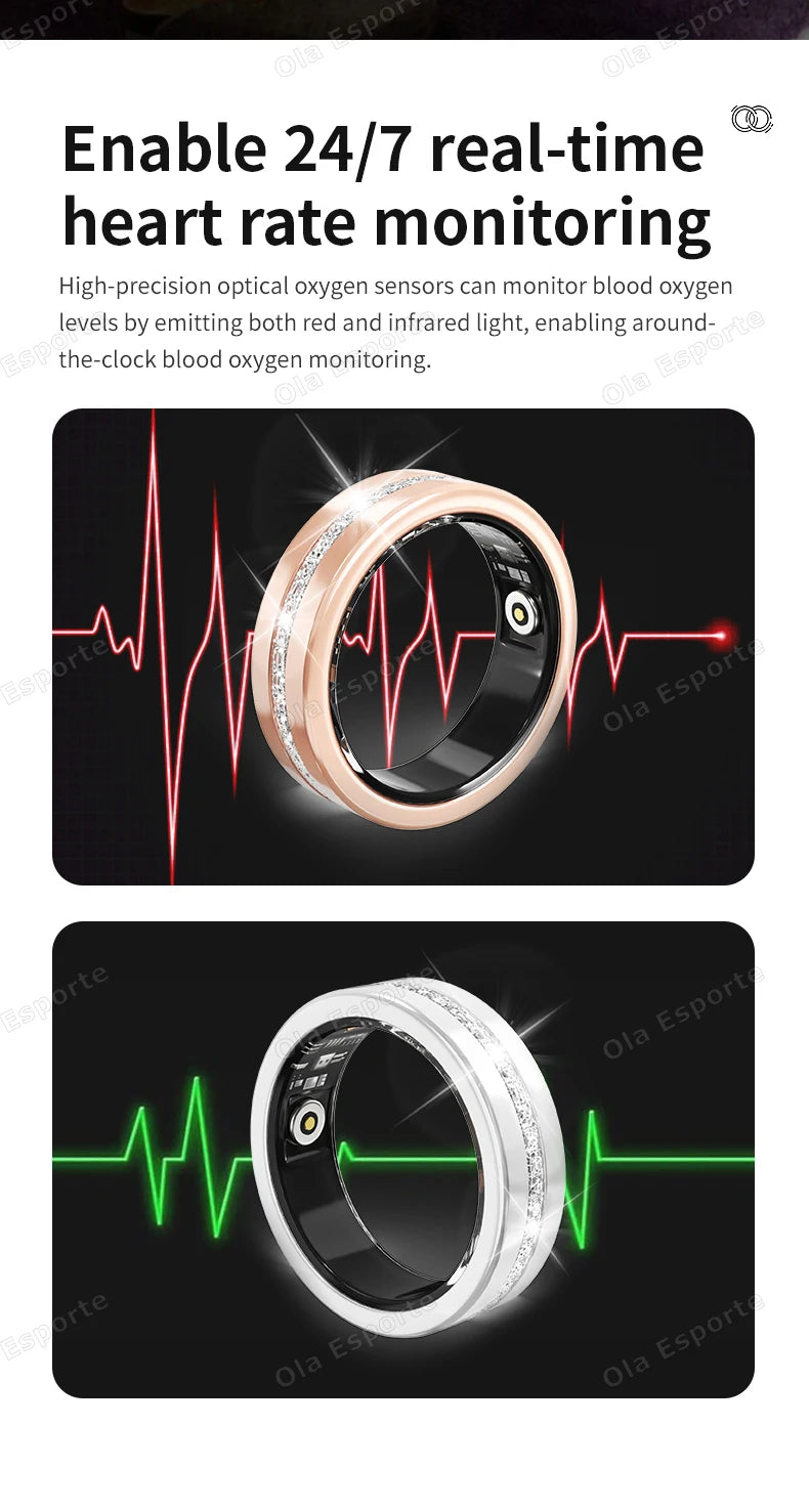 Rose gold and silver smart fitness rings with crystal detailing and interior health sensors against heart rate graphics.