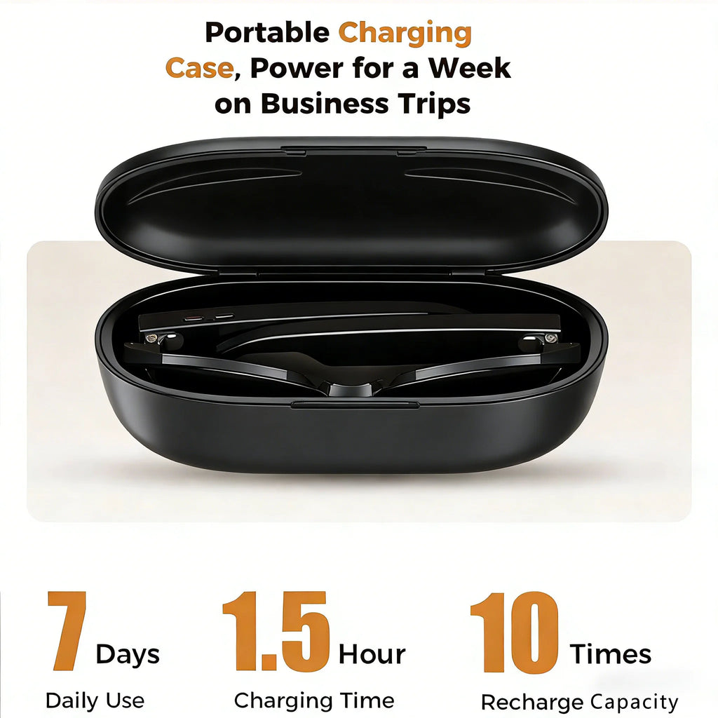 Black smart recording glasses in a matching portable charging case, showing key battery and charging statistics.