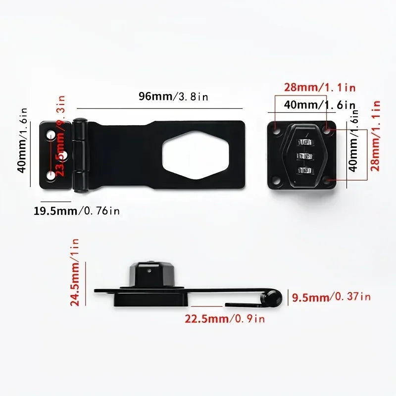 Black metal hasp latch with a three-digit combination lock, shown with top and side view dimensions.