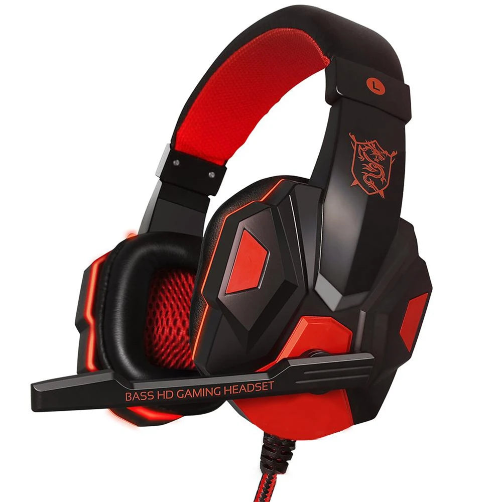 Black and red wired gaming headset with a microphone, cushioned headband, and integrated LED lighting.