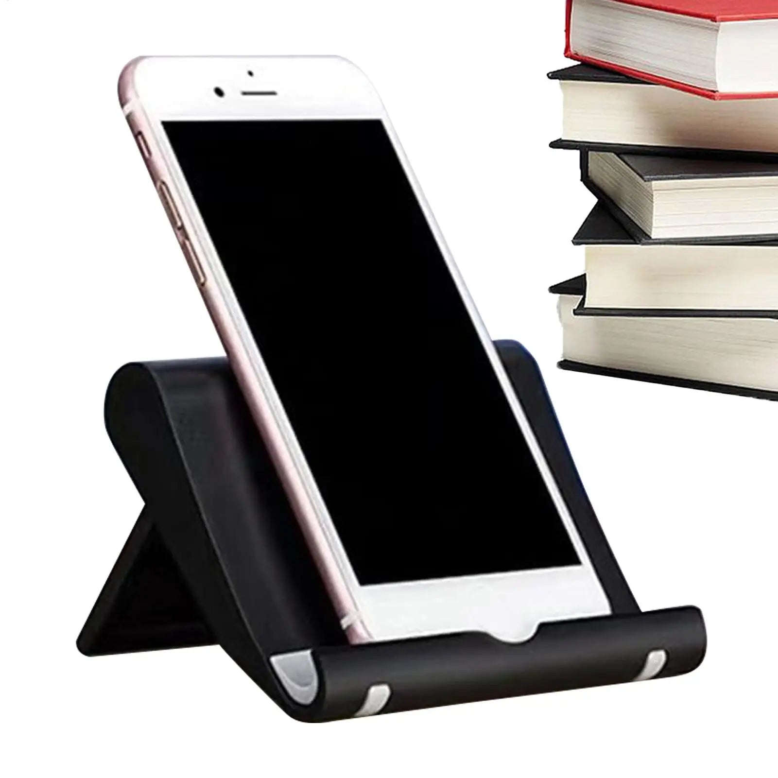 A black, adjustable smartphone stand holding a silver phone, positioned next to a stack of books.