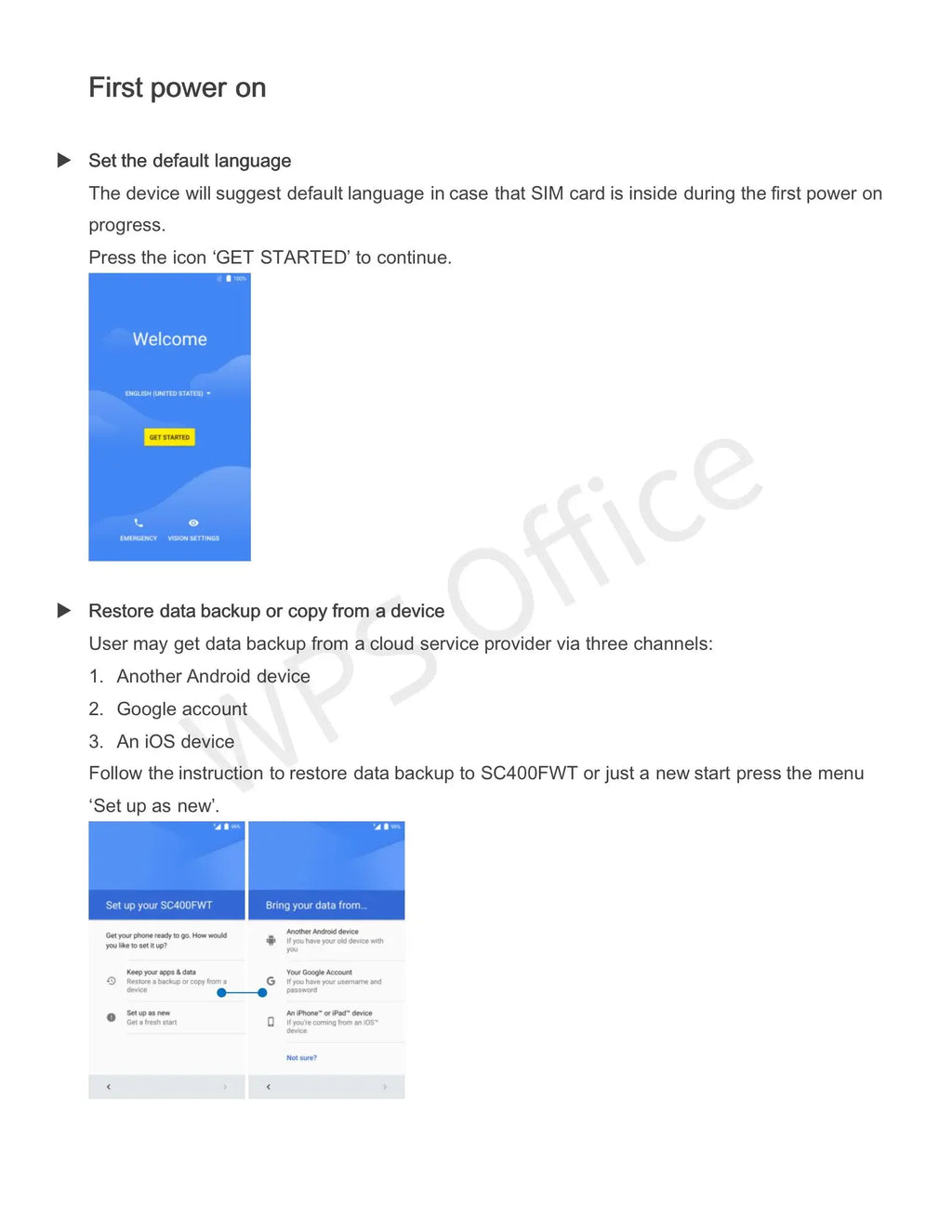 Instruction guide showing phone setup screens with blue backgrounds, language selection, and data restore options.