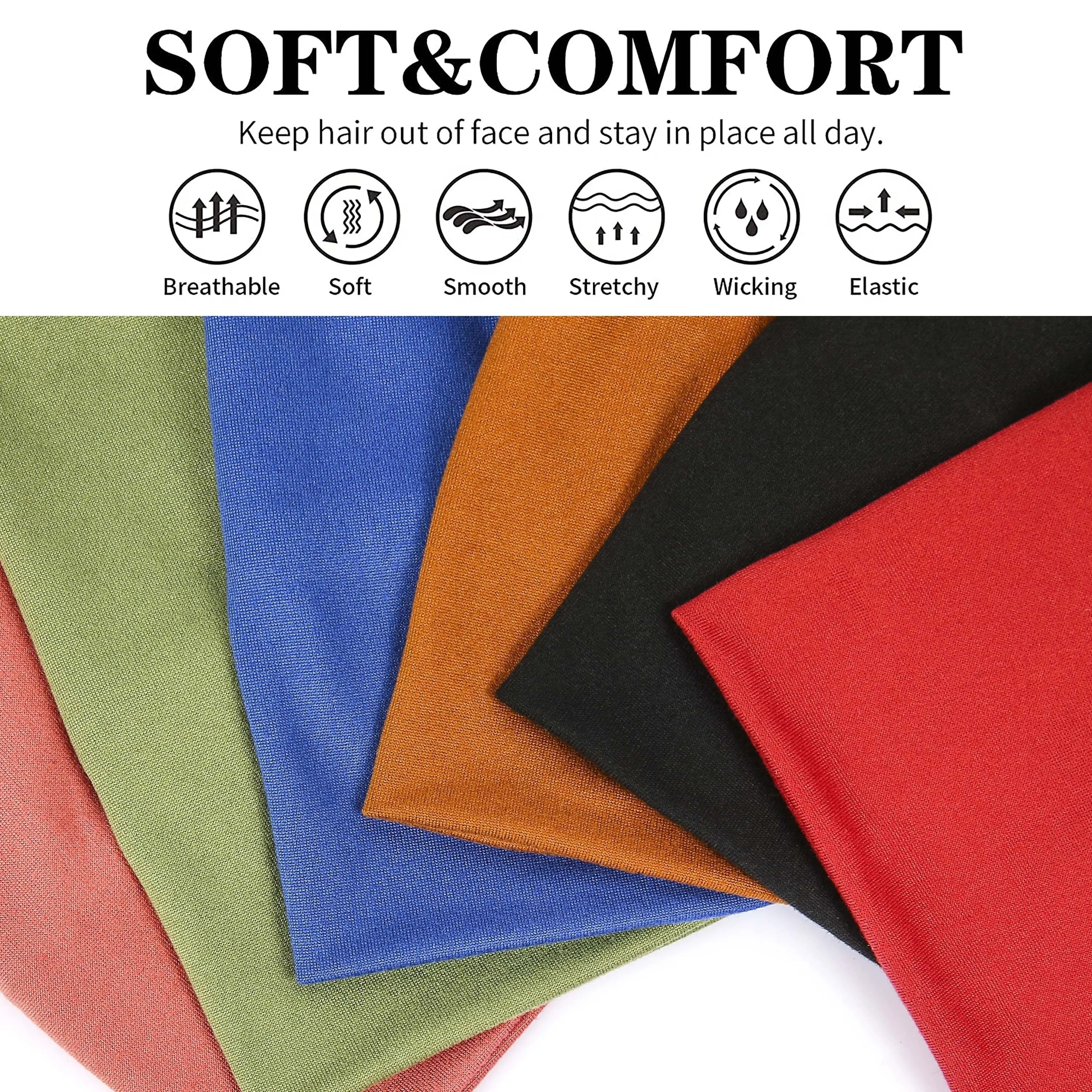 A set of six soft, stretchy, moisture-wicking headbands in red, olive, blue, brown, black, and bright red.