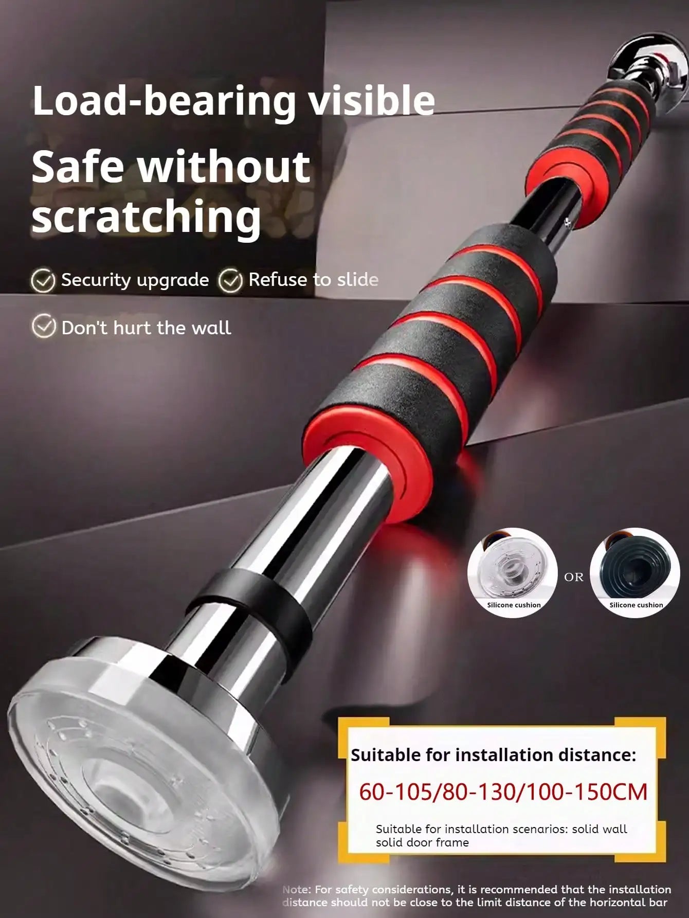 Adjustable chrome pull-up bar with black and red foam grips and clear non-slip silicone end pads for door frames.