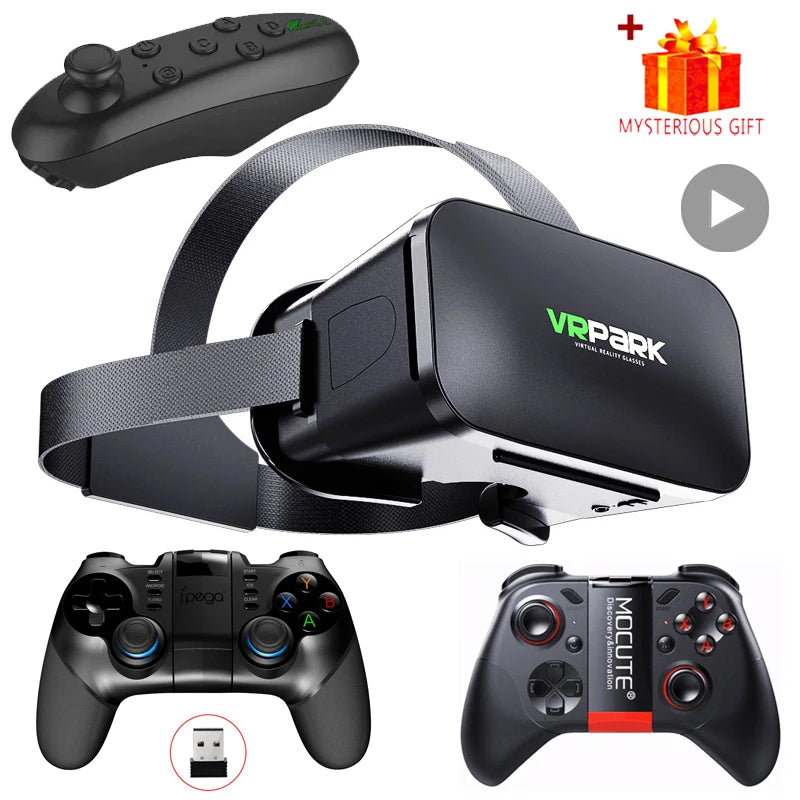 Black VR headset with adjustable strap, three different handheld game controllers, and a mystery gift icon.