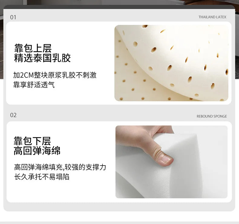 Detail view of a bed headboard showing breathable Thai latex padding and supportive, high-rebound white sponge.