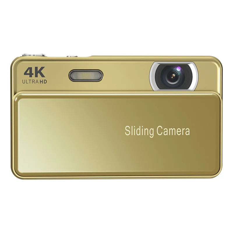Gold-colored digital camera with a sliding protective metal cover and 4K Ultra HD lens.