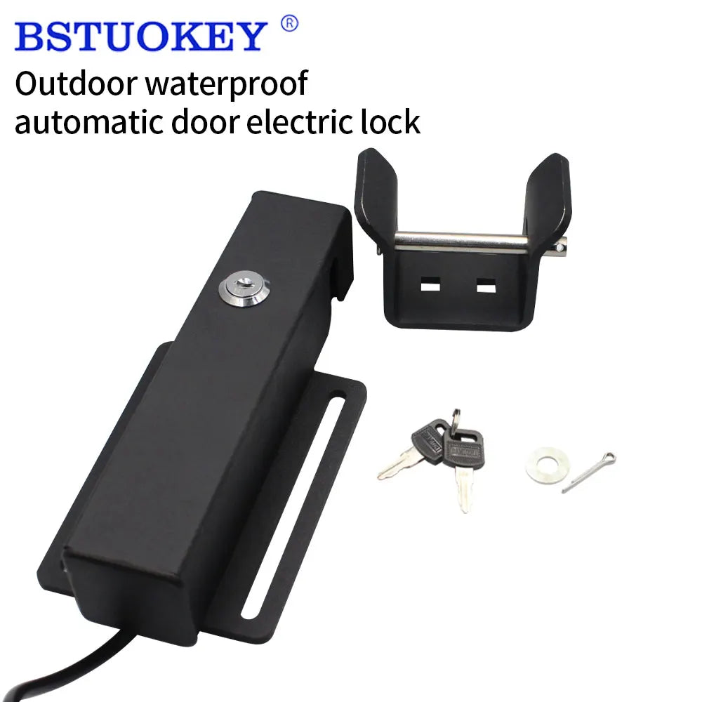 Matte black metal electric door lock with mounting bracket, key cylinder, two keys, and hardware.