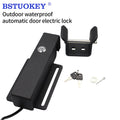 Matte black metal electric door lock with mounting bracket, key cylinder, two keys, and hardware.