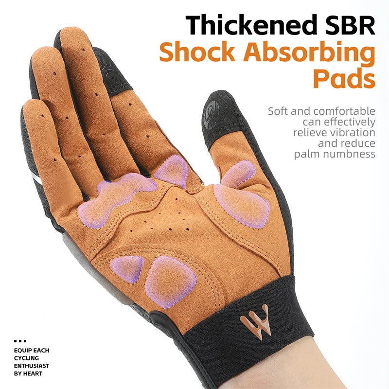 Tan and black cycling glove with purple shock-absorbing SBR palm pads and text overlay.