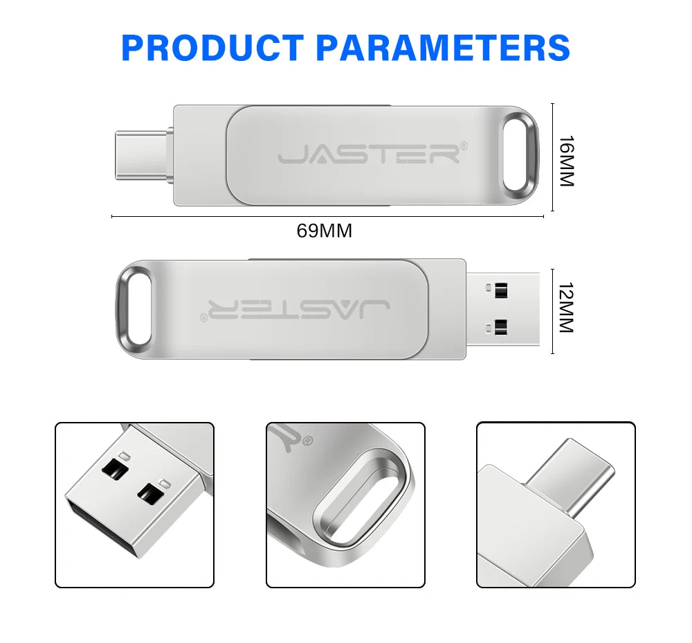 Silver 2-in-1 metal flash drive showing USB-C and USB 2.0 connectors with dimensions and close-up detail shots.