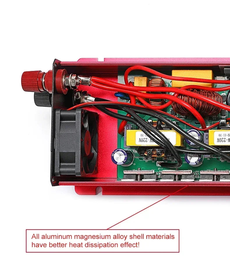 Interior of a red aluminium power inverter, showing the cooling fan, internal circuit board, wiring, and components.