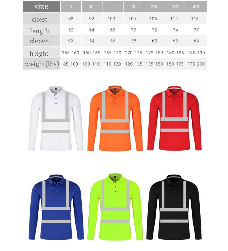 Long-sleeved high-visibility polo shirts with reflective strips, available in various colours, plus a sizing chart.