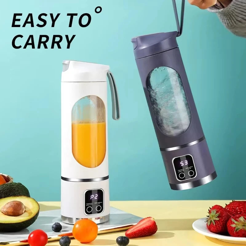 Two portable, sleek electric blenders in white and dark grey, featuring digital displays and convenient carry handles.