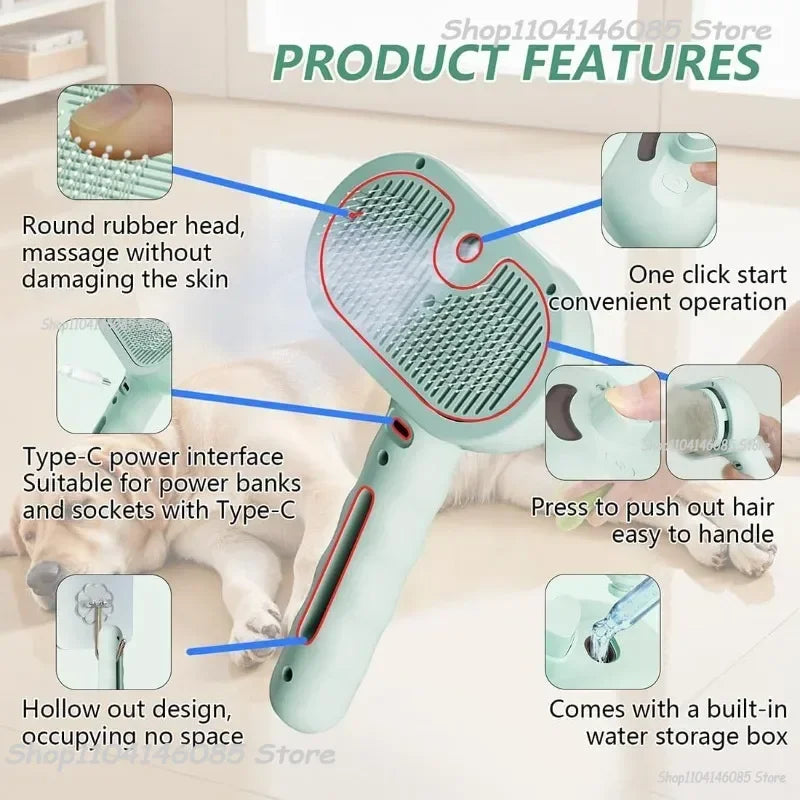 Sage green electric pet grooming brush with massage bristles, self-cleaning button, and built-in water storage.