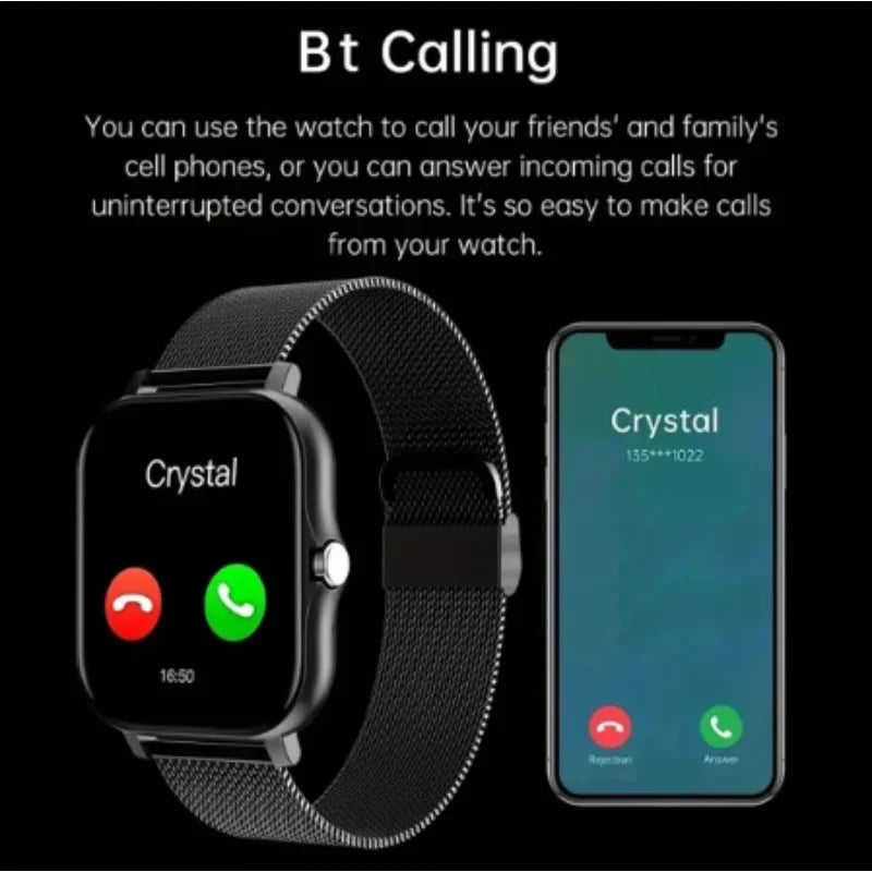 Black smartwatch with mesh strap and touchscreen, displaying an incoming Bluetooth call interface next to a smartphone.