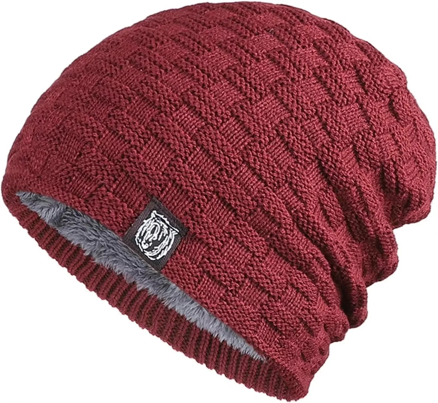 A maroon, chunky-knit beanie hat with a soft grey plush lining and a small rectangular logo patch on the front.