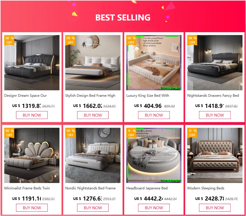 A collection of modern, minimalist luxury bed frames in various styles, colours, and designs with integrated lighting.
