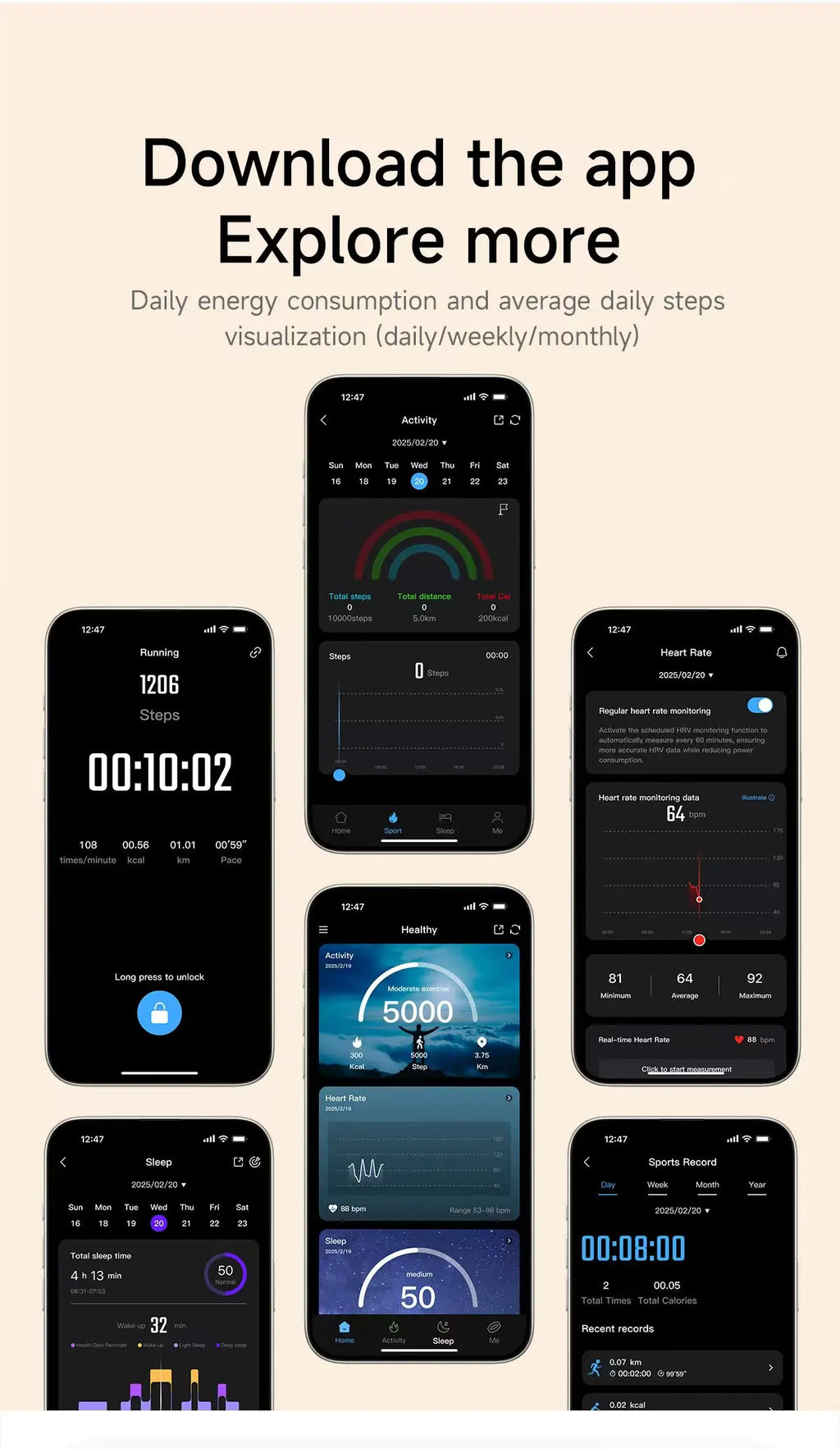 A collection of smartphone app screens showing fitness tracking data like steps, heart rate, sleep and sports records.