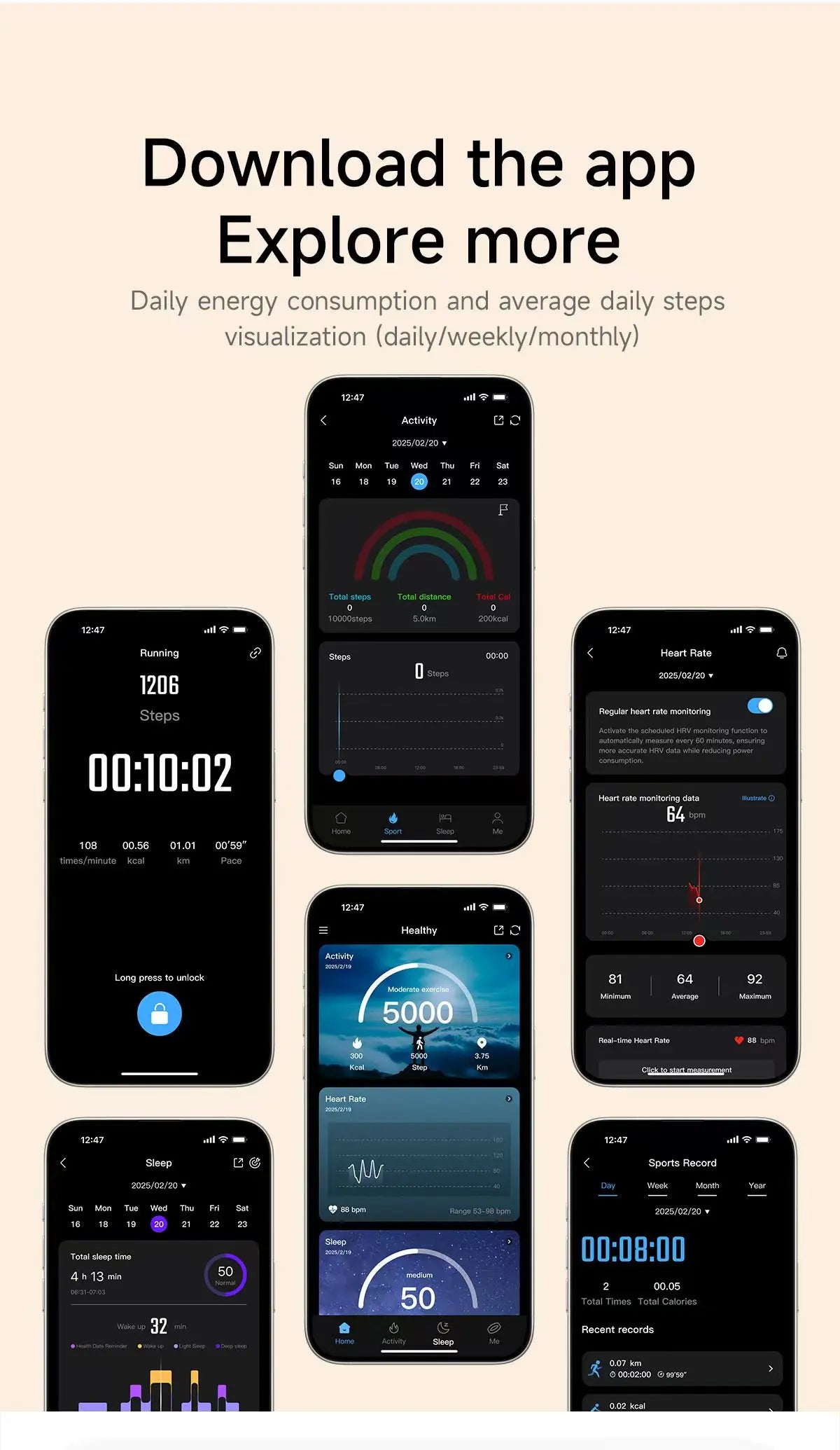 A collection of smartphone app screens showing fitness tracking data like steps, heart rate, sleep and sports records.