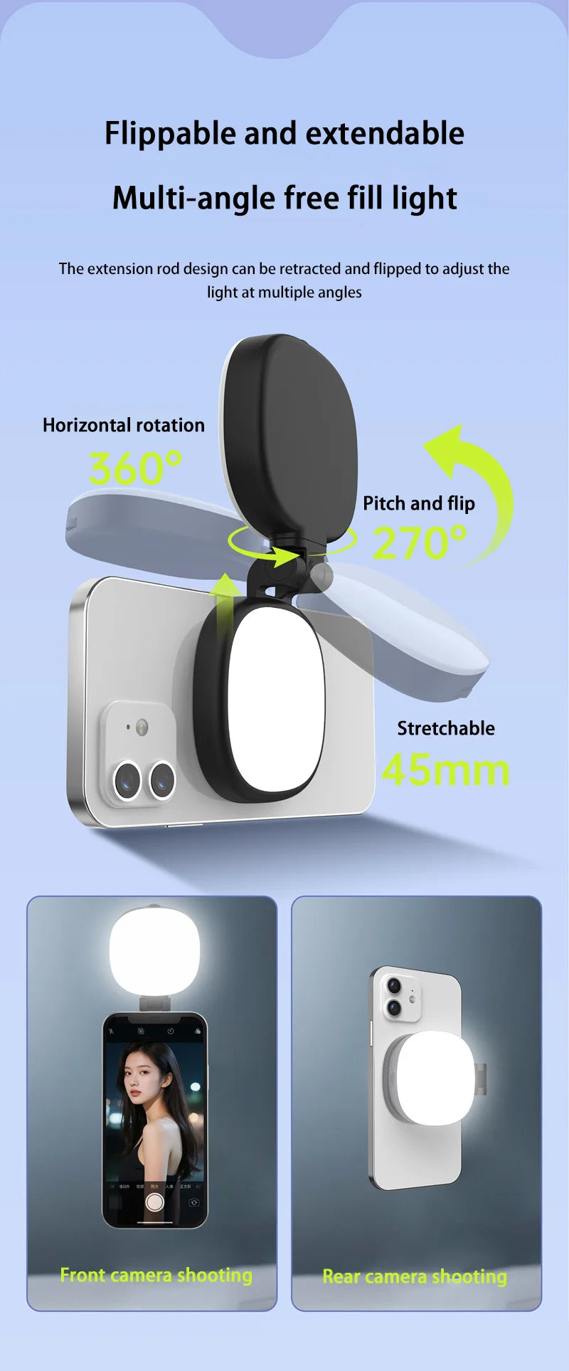 Black, foldable smartphone ring light with adjustable angles, 360-degree rotation, and extendable arm for mobile photography.
