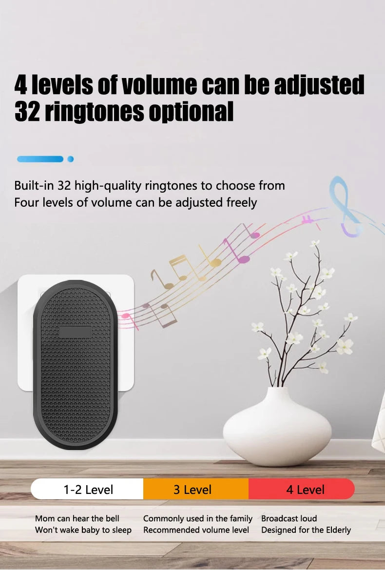 A sleek, black, oval wireless plug-in doorbell with 32 chime options and 4 adjustable volume levels.