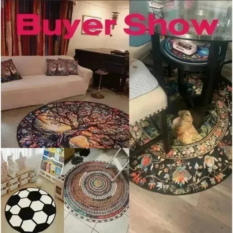Collage of round rugs featuring modern abstract floral patterns, vintage styles, and a black-and-white football design.