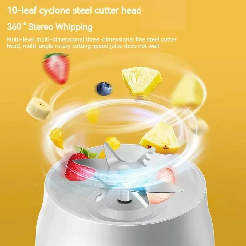 Blender with a 10-leaf steel cutter head, spinning against a bright yellow background with floating fruit pieces.