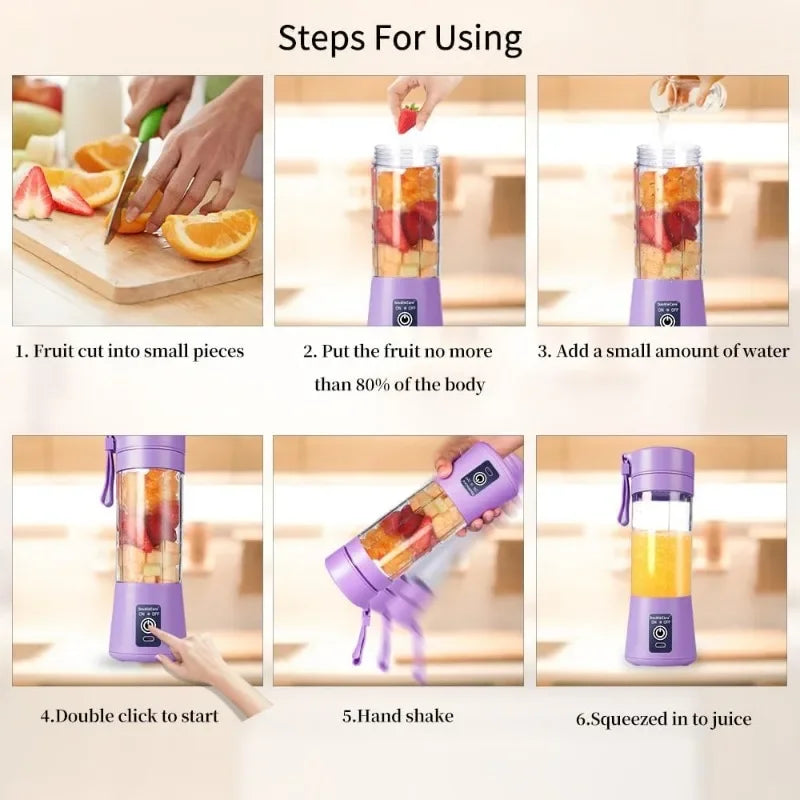 Six-step guide for using a portable purple personal blender to make fruit smoothies.