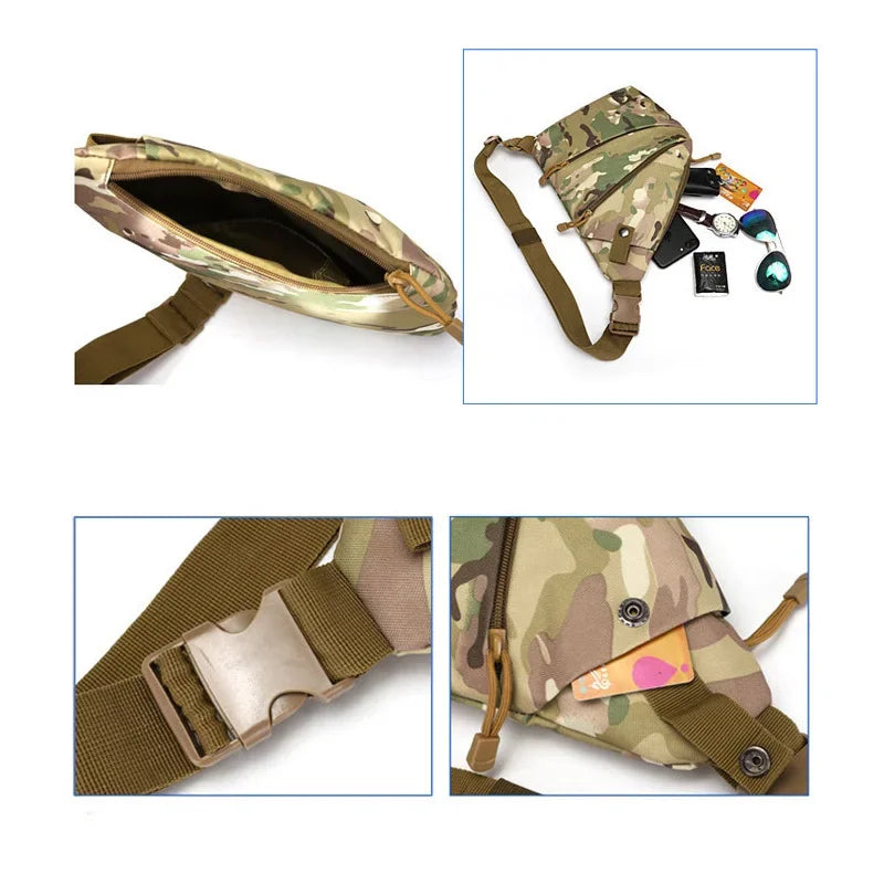 Men’s camo print anti-theft crossbody sling bag with zipped compartments, adjustable buckle strap and card pockets.