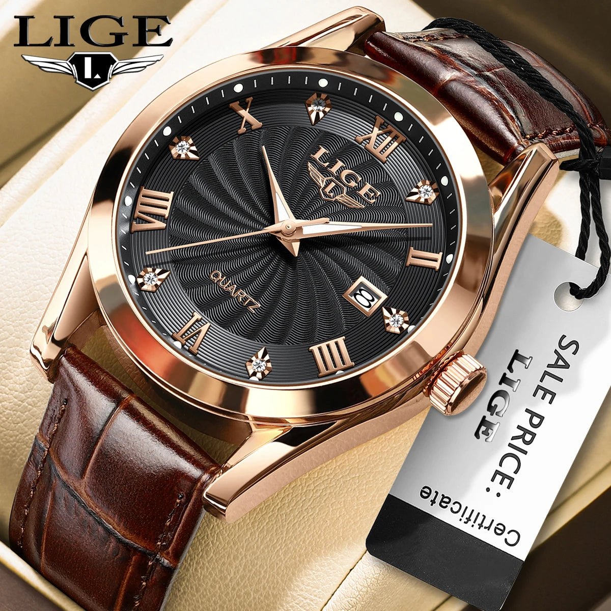 Elegant women’s quartz watch with a rose gold case, black textured dial, crystal hour markers, and brown leather strap.