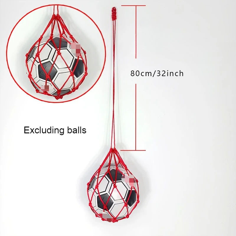 Red mesh ball carrier, 80cm long, for easy storage and transport. Note: sports ball not included.
