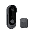 A sleek black wireless smart video doorbell with HD camera and matching plug-in chime receiver.
