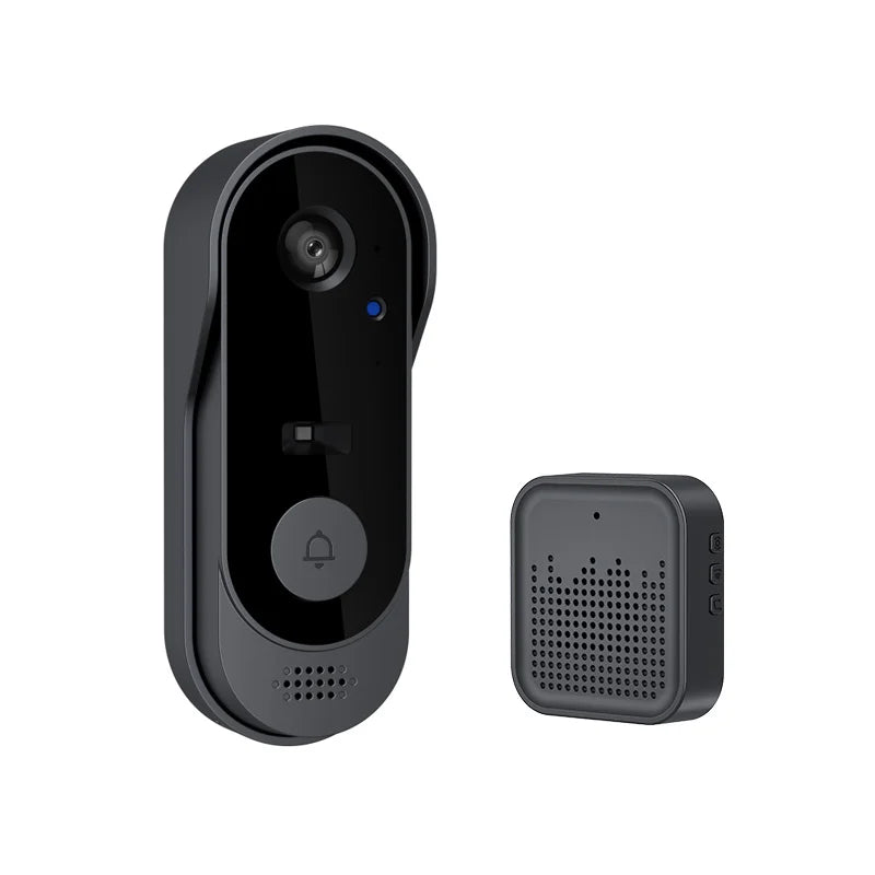 A sleek black wireless smart video doorbell with HD camera and matching plug-in chime receiver.