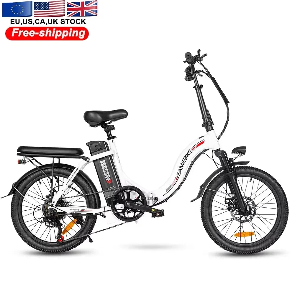 SAMEBIKE CY20 white folding electric bike with 20-inch tires, rear rack, and mounted battery pack.