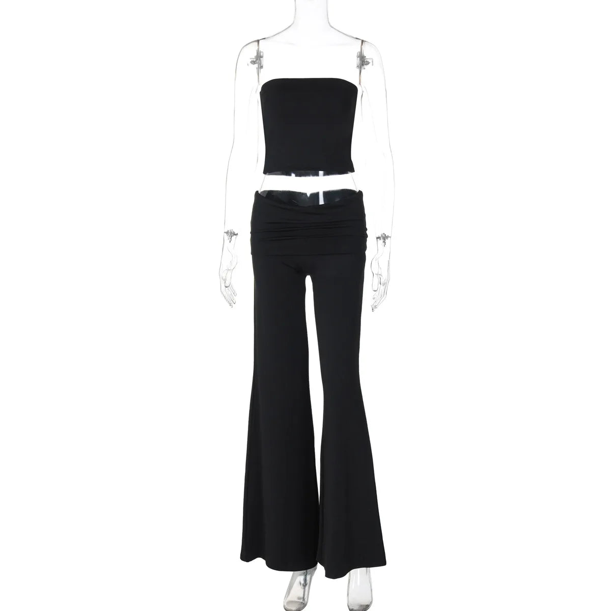 Black two-piece set featuring a strapless bandeau top and matching high-waisted flared trousers on a mannequin.