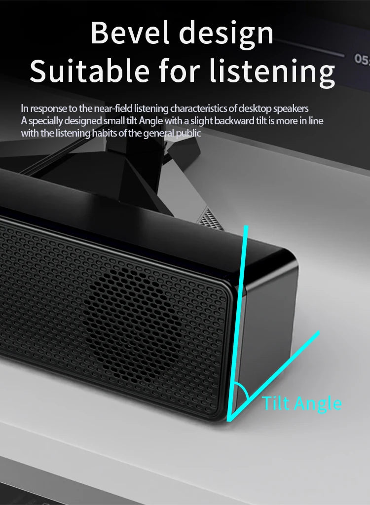 Black wired USB stereo computer soundbar with a sleek, backward-tilted design for improved audio direction.