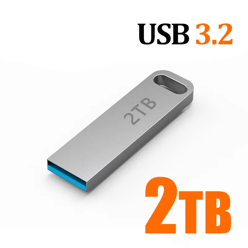 Sleek silver 2TB portable USB 3.2 flash drive with a durable metal casing and blue connector port.