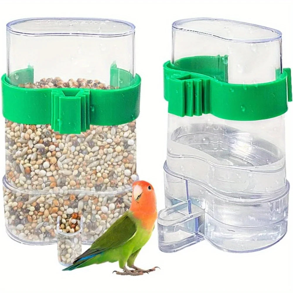 Two clear, oval bird feeders with green plastic attachment bands, one filled with seeds, beside a small green parrot.
